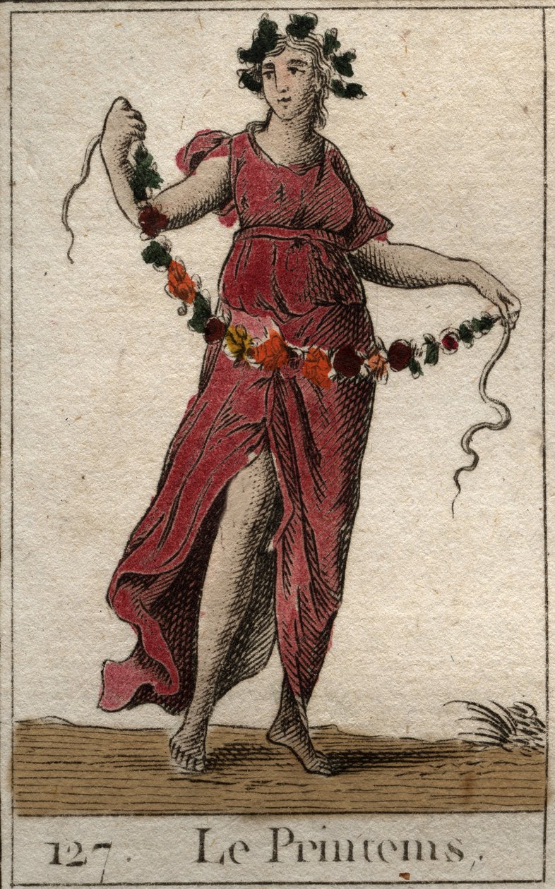 Representação da estação da Primavera sob as linhas da Flora segurando uma guirlanda de flores. (A Primavera representada como Flora segurando uma guirlanda de flores). Da "Mitologia da Juventude" de Pierre Blanchard 1803. de French School