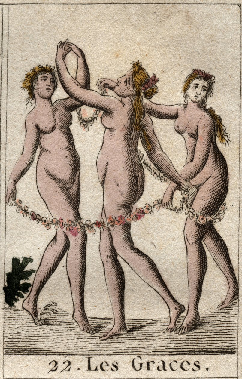 Representação das três Graças: Aglae, Thalie e Euphrosyne, filha de Vénus e Baco (As Três Graças (ou Caritas) filhas de Vénus e Baco. Da "Mitologia da Juventude" de Pierre Blanchard 1803. de French School