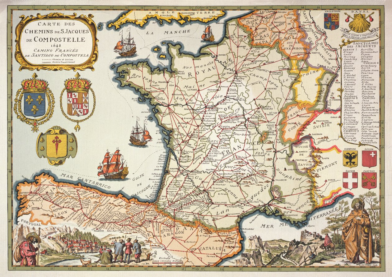 Reprodução do Mapa das Rotas de Santiago de Compostela, originalmente gravado por D.Serveaux 1648 de French School