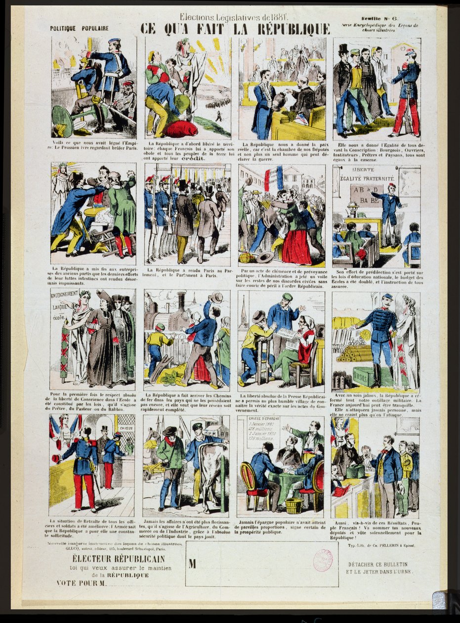 Propaganda republicana em apoio à fundação da Terceira República, c.1881 (ver também 162979 e 162980) de French School