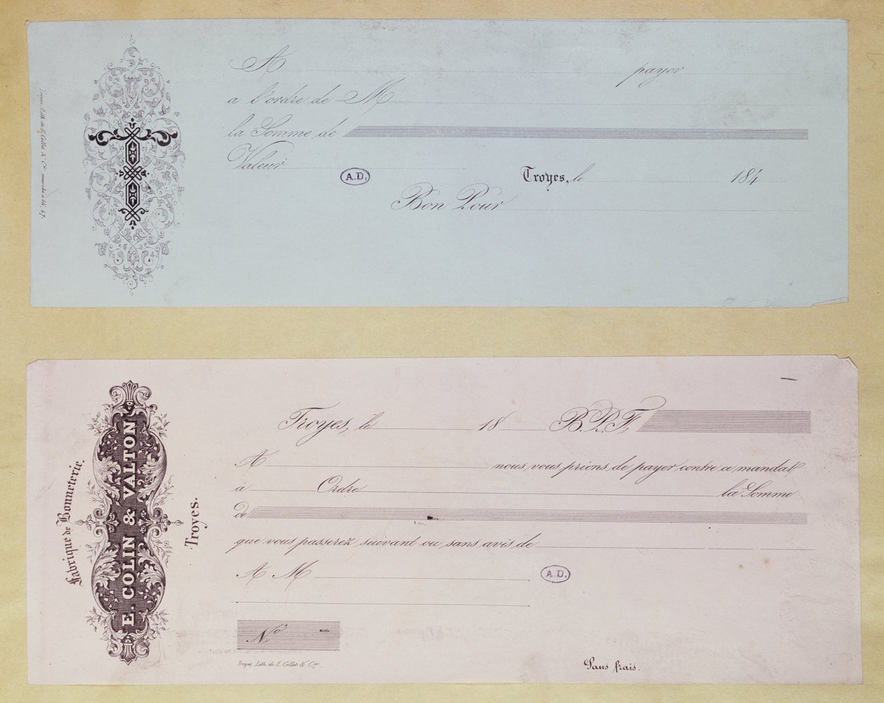 Pedidos de pagamento, emitidos em Troyes na década de 1840 de French School