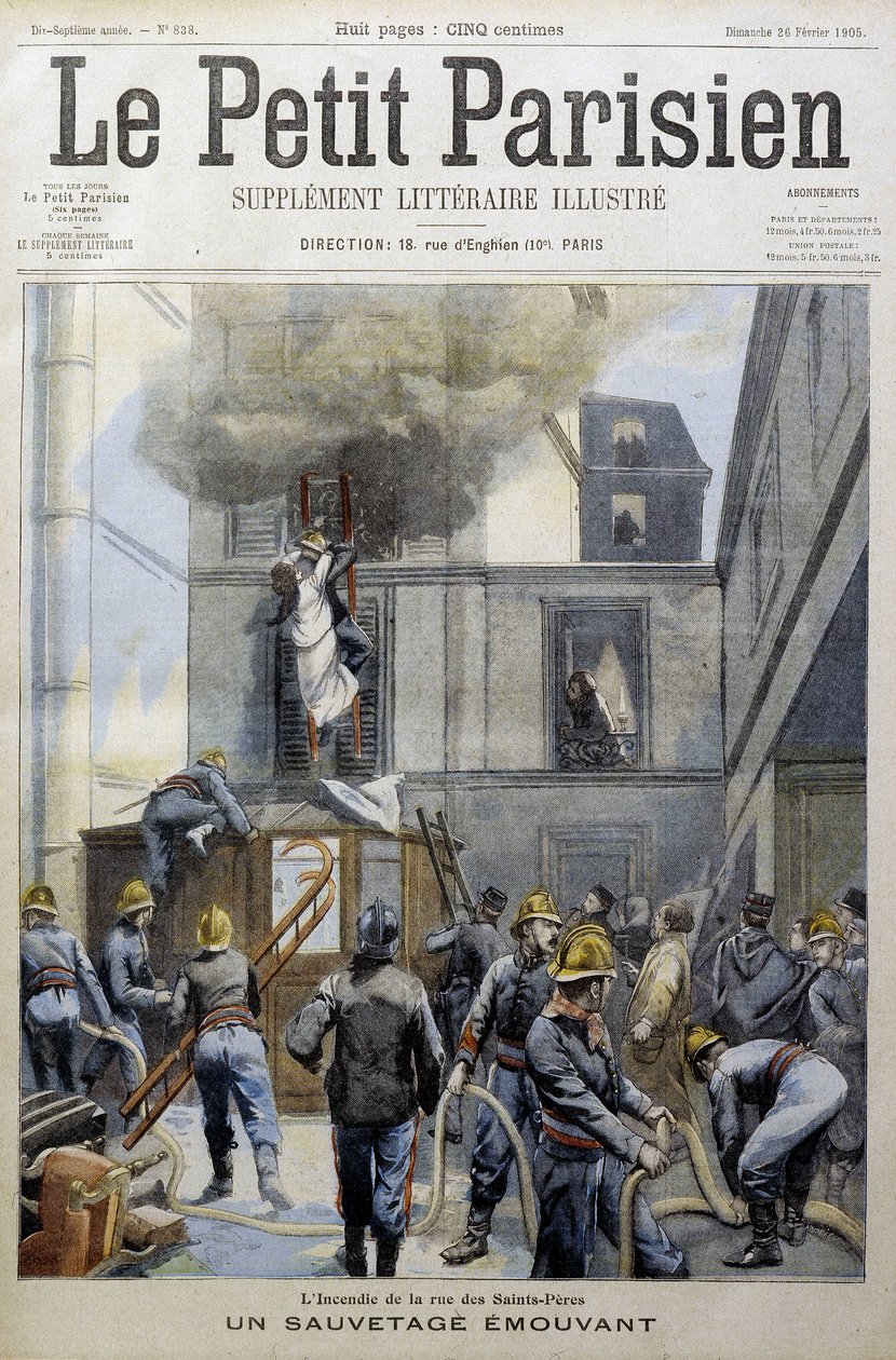 Resgate durante um incêndio dos Bombeiros: um resgate em movimento - em "Le petit Parisien". de French School