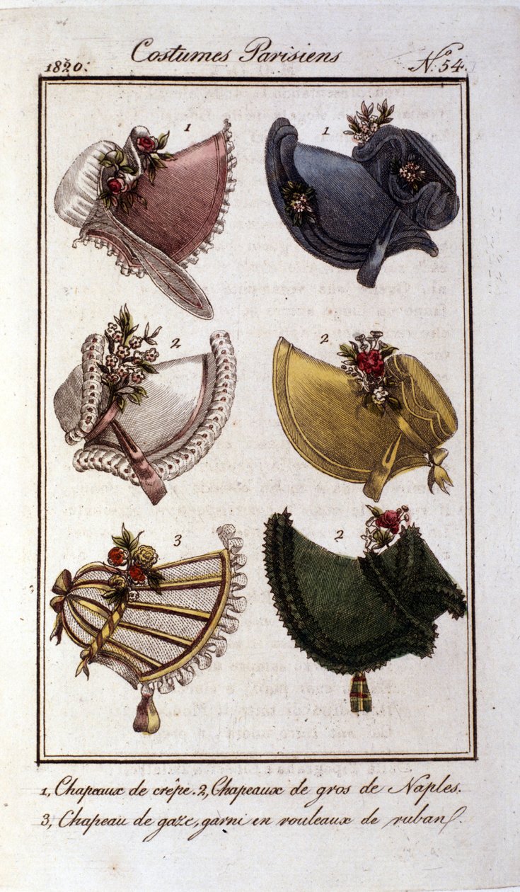 Modo de restauro: diferentes modelos de chapéus para senhora em crepe, gaze, veludo. Gravura de 1820 de French School