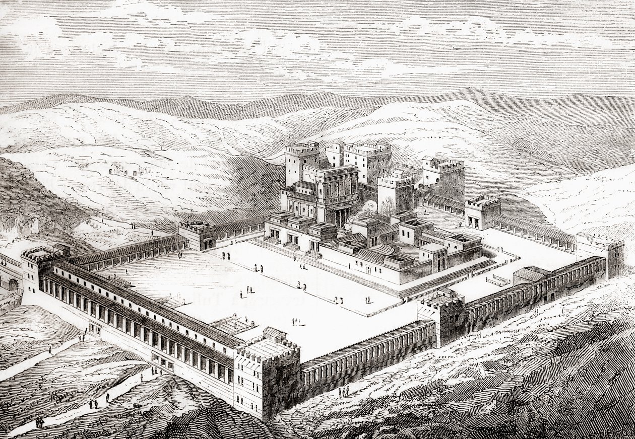 Segundo Templo restaurado que substituiu o Templo de Salomão, Jerusalém, de Les Merveilles de la Science, pub.1870 de French School