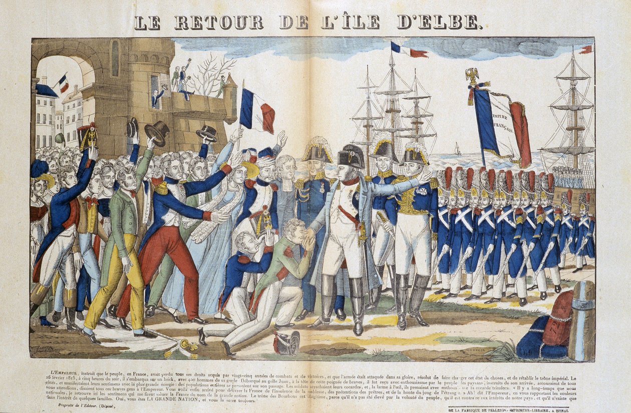Regresso de Napoleão Bonaparte (1769-1821) do seu exílio à ilha de Elba em 1815. Foto de Epinal de French School