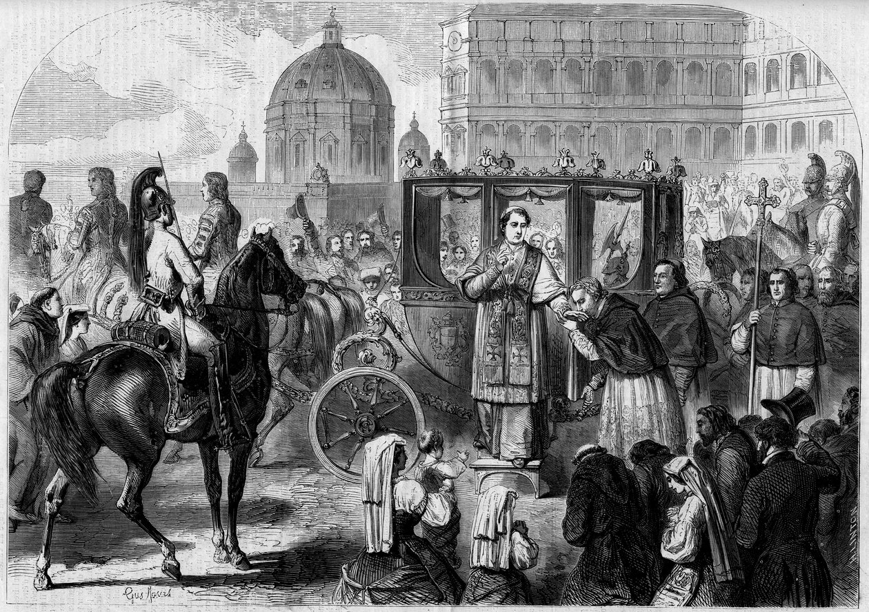 Regresso do Papa Pio IX (1792-1878) a Roma. Gravura em "O Mundo Ilustrado" n°65 de 26 de Junho de 1858. de French School