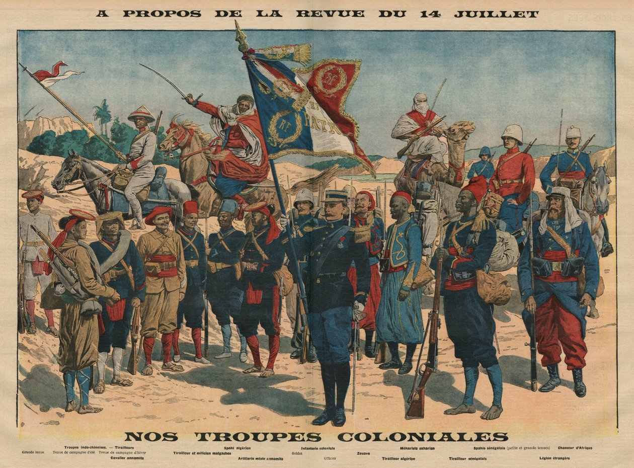 Revista de 14 de julho, as nossas tropas coloniais, ilustração de &39;Le Petit Journal&39;, suplemento illustre, 13 de julho de 1913 (cor litho) de French School