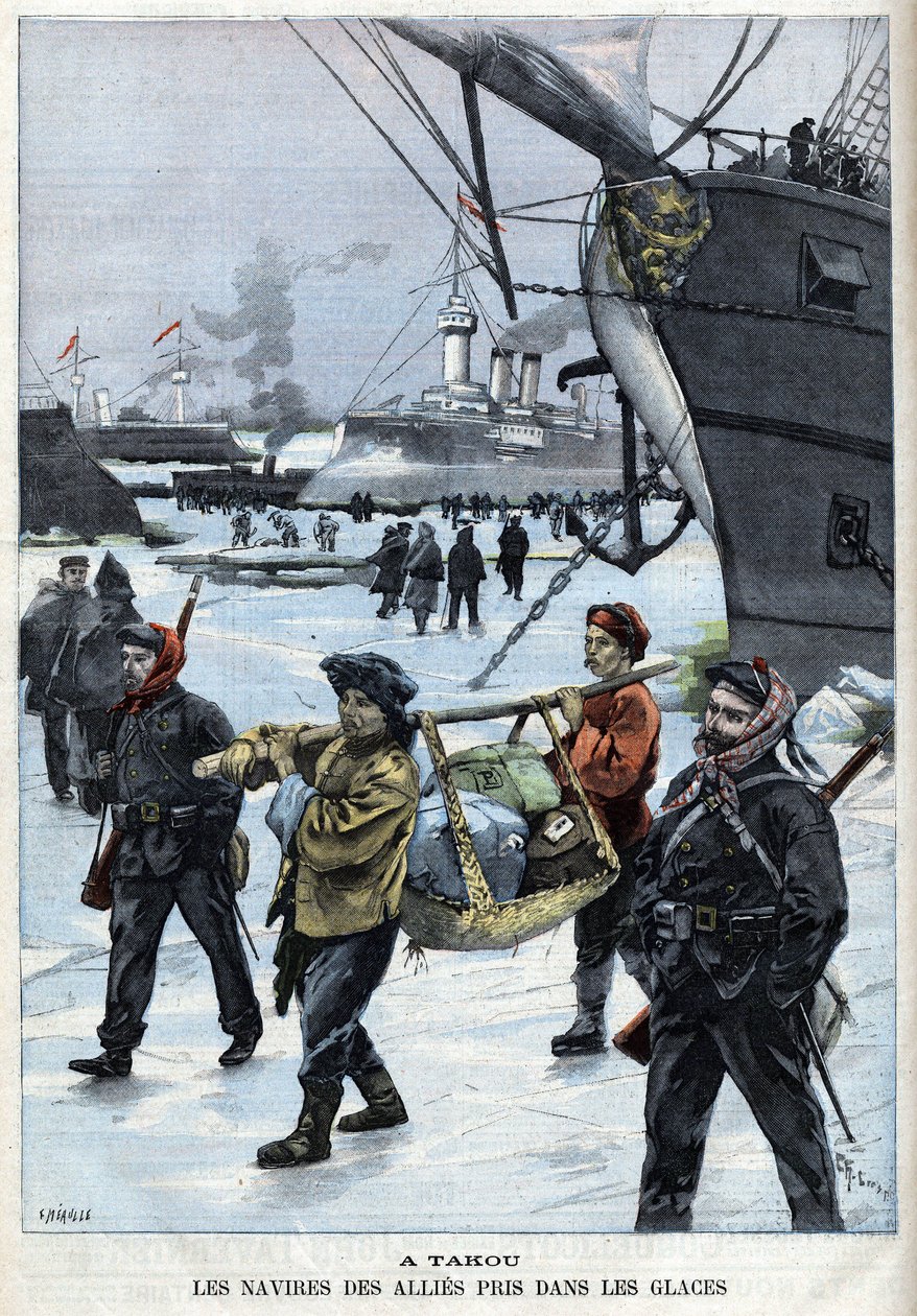 Revolt des Boxers (1898-1900) os navios dos aliados no gelo Atakou. em "Le Petite Parisien". de French School