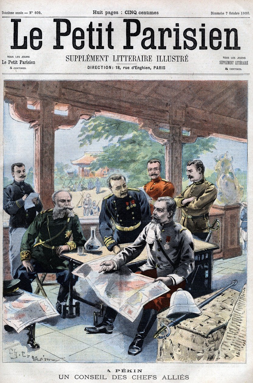 Revolt des Boxers: Un conseil des chefs allied (francês, russo, americano, inglês, japonês) (ALLIED COUNCIL OF WAR) - em "Le Petit Parisien" (O Petit Parisien) de French School