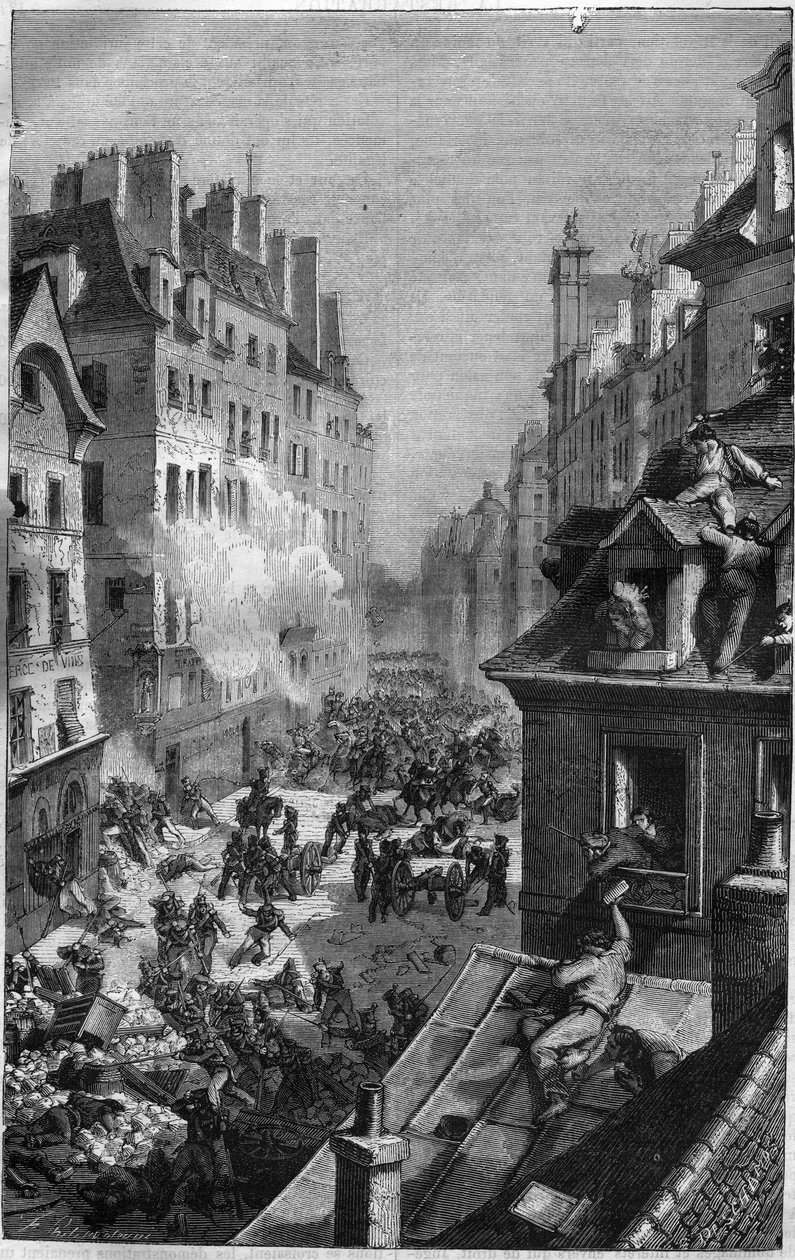 Revolução de 1830: luta no faubourg Saint Antoine. Gravura no "Histoire des Papes-Rois-Queen and Empereurs a travessa les centuries" de Maurice Lachatre de French School