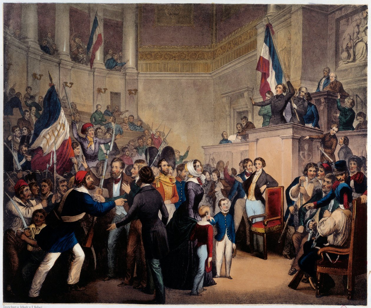 Revolução de 1848. A Duquesa de Orleans aparece na Casa dos Deputados (Assembleia Nacional) com seus filhos para obter a Regência (24 de fevereiro de 1848). de French School