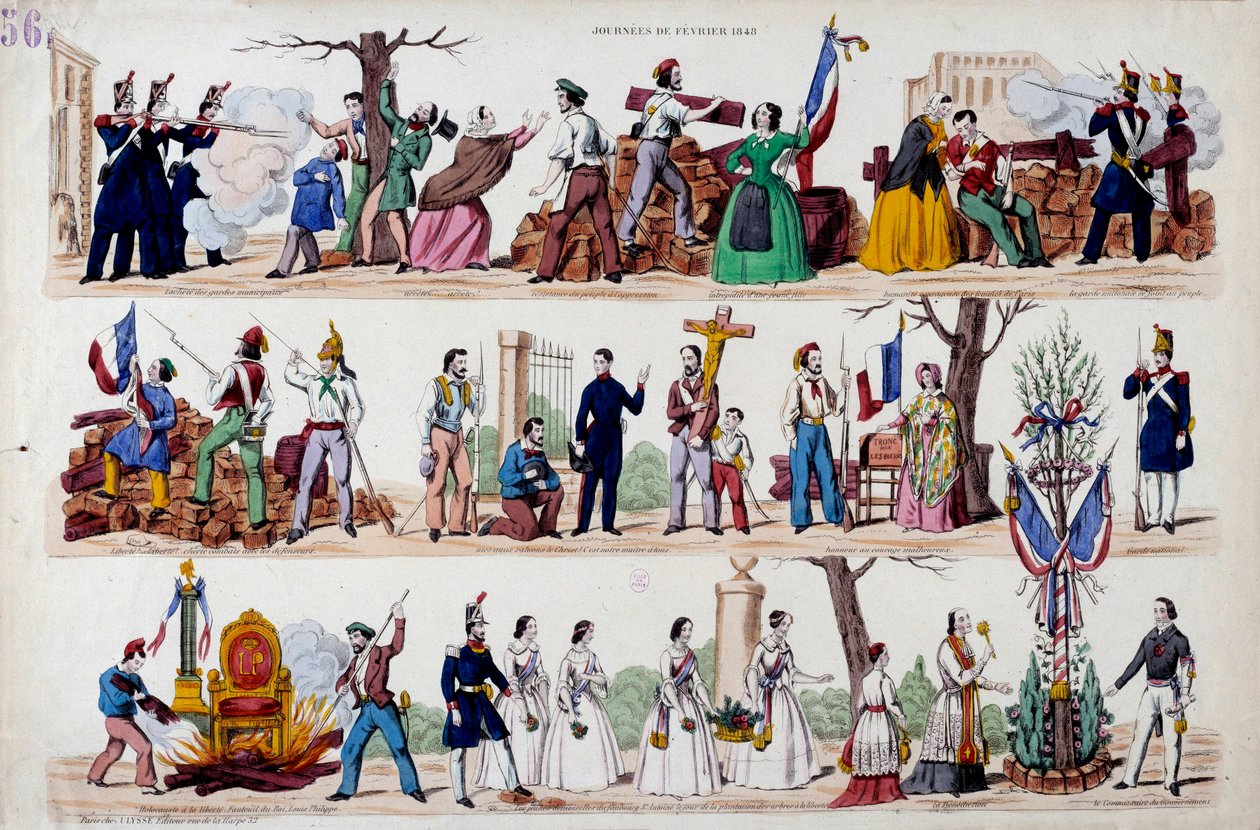 Revolução de Fevereiro de 1848: os grandes momentos da Revolução de 23 de Fevereiro, as barricadas, depois a confraternização entre soldados, trabalhadores e burgueses, a destruição dos símbolos do poder de Luís Filipe I (Luís-Filipe) e finalmente a de French School
