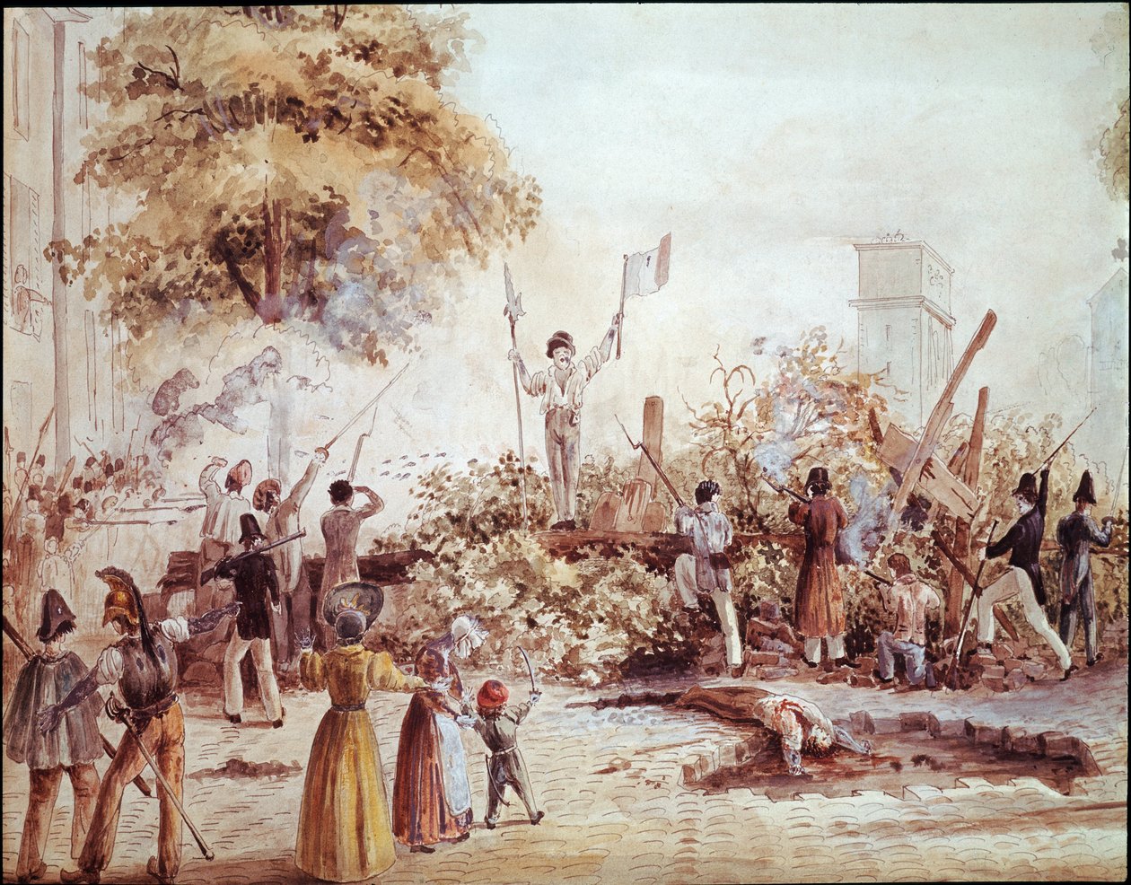 Revolução de Julho em Paris - Barricada na Boulevard Saint Martin em 1 de Agosto (aguarela, c.1830) de French School