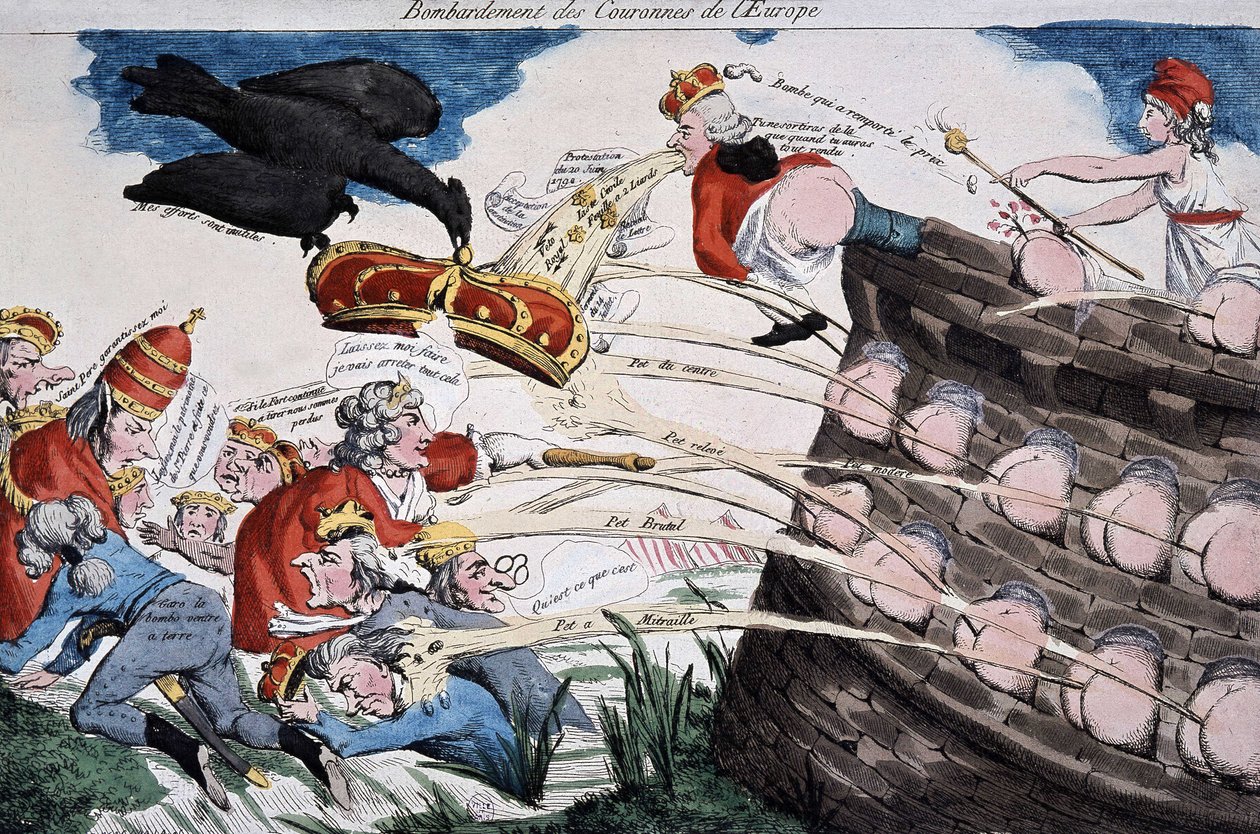 Guias revolucionários por Marianne bombardeiam os soberanos europeus com as suas porcarias. Desenho animado publicado durante o período da Revolução Francesa. Etching. 1792. Musee Carnavalet. de French School