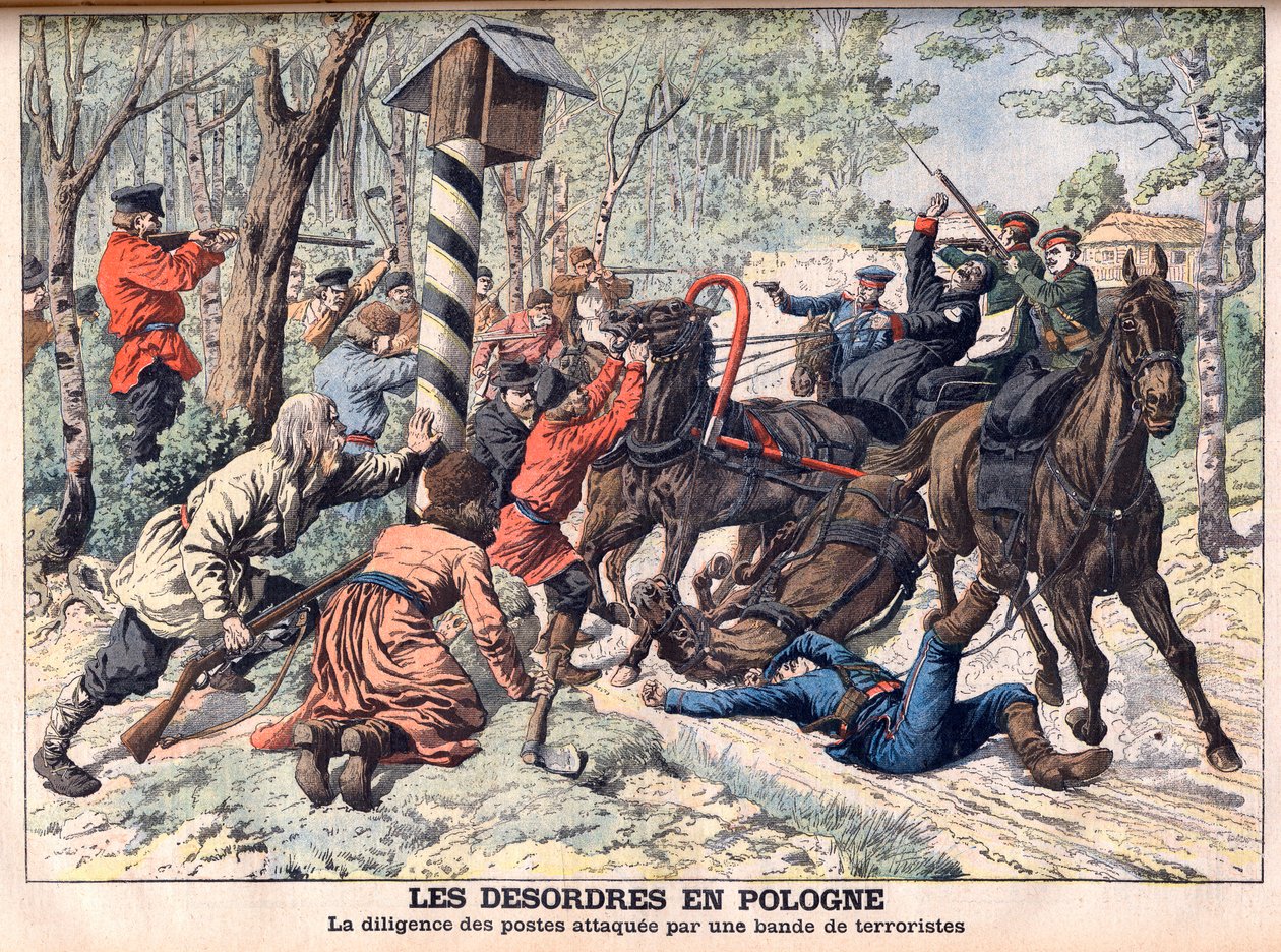 Revolucionário na Polónia - Terroristas atacam um treinador de correio na Polónia. As desordens na Polónia. Diligência dos postos atacados por um bando de terroristas. Ilustração para o Le petit Journal de French School