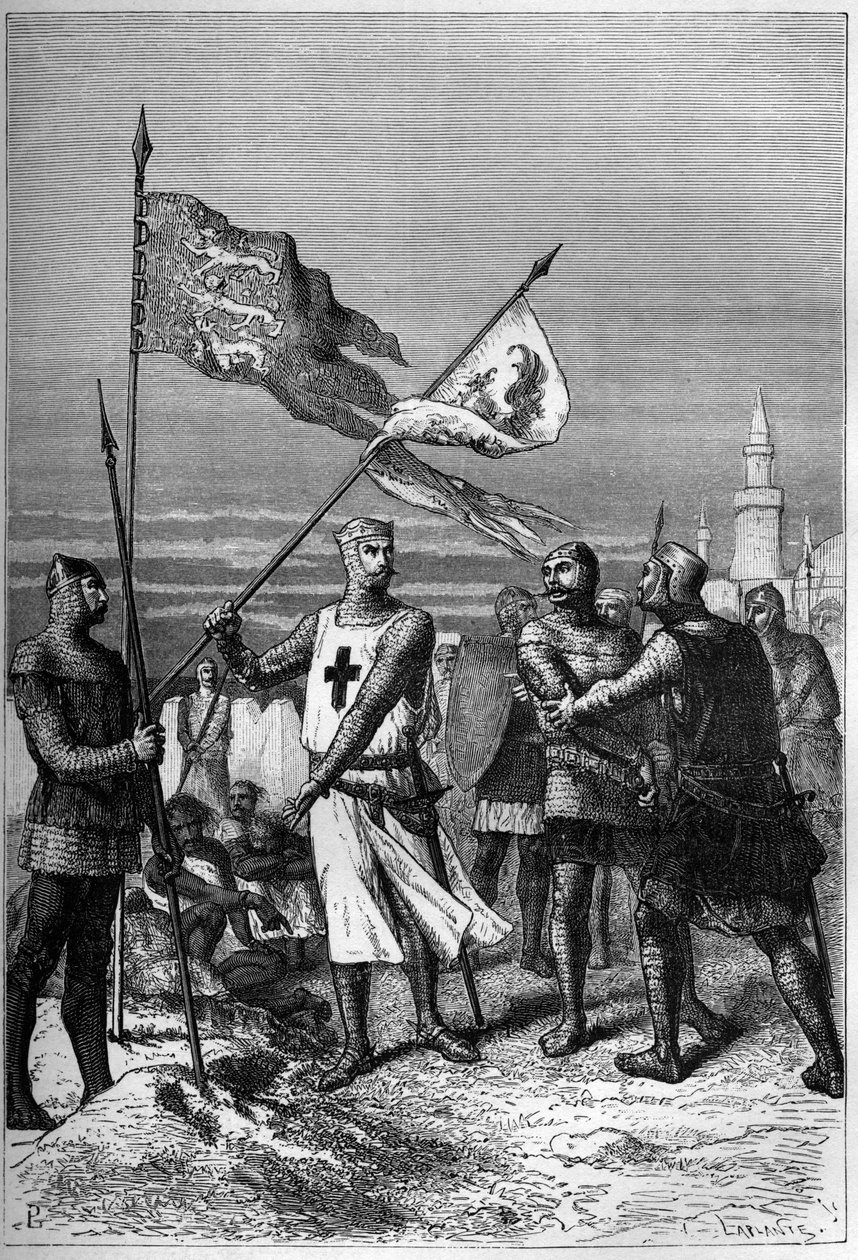 Richard Coeur de Lion ou Richard I the Lionheart (1157-1199) Rei de Inglaterra, mostrado retirando a bandeira do arquiduque Leopold V, Duque da Áustria - gravada em "L