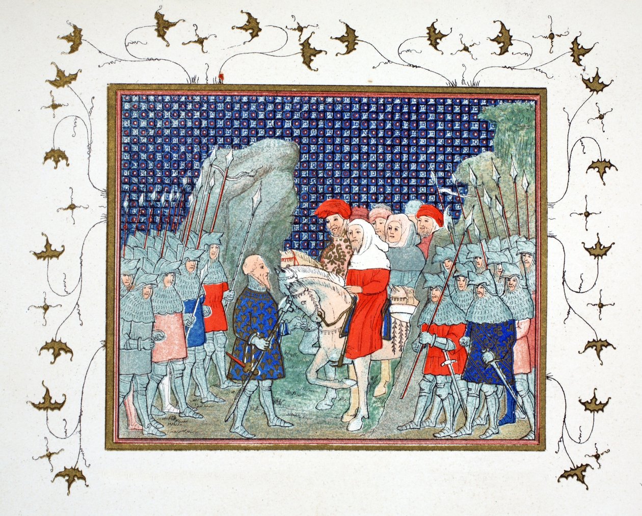Richard II traiu em Penmaur Rhos e foi feito prisioneiro pelo duque de Northumberland, cópia fac-símile de Le Prinse et Mort du Roy Richart por Jean Creton, reimpresso do século XIX de French School