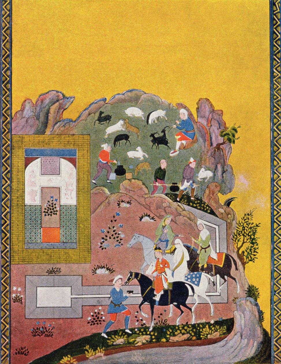 Cavaleiro e seu harém, ilustração para as noites de árabe, 1895 (gravura de cor) de French School