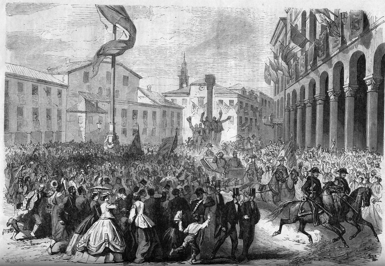 Risorgimento - Anexação de Veneza à Itália - 1866: entrada do rei italiano Vittorio Emanuele II (Victor Emmanuel II) (Victor Emmanuel) (1820-1878) em Rovigo. Gravura em "Le Monde Illustré" n°488 de 18 de Agosto de 1866. de French School
