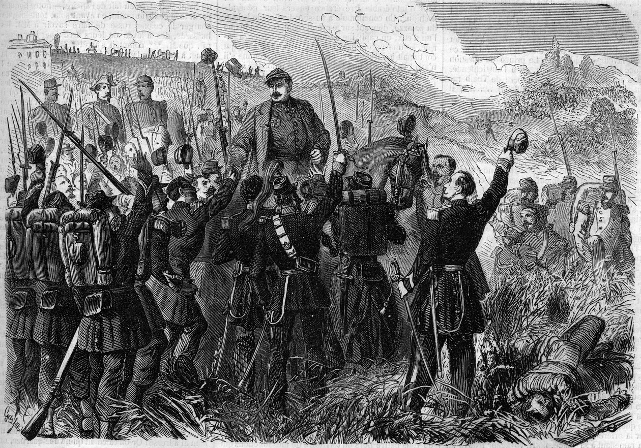 Risorgimento - Batalha de Montebello della Battaglia (Itália), 21 de Maio de 1859: O general francês Elie Frederic Forey (1804 - 1872), comandante do exército italiano, foi triunfado pelos seus soldados após a sua vitória sobre o exército austríaco. Gravur de French School