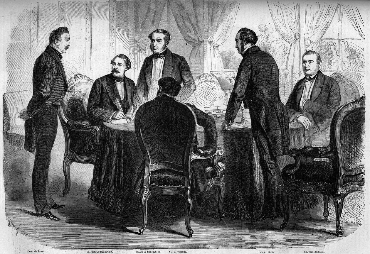 Risorgimento - Tratado de Zurique - 10 de Novembro de 1859: assinatura do Tratado de Zurique pelos plenipotenciários da França, Áustria e Sardenha. A Áustria deve abandonar a Lombardia para a Itália. Gravura no "Le Monde Illustré" n°136 de 19 de Novembro d de French School