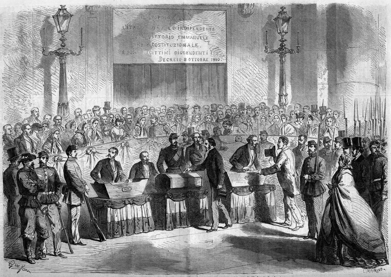Risorgimento, Nápoles, 21 de Outubro de 1860: voto da população na igreja de Saint François de Paule sobre a ligação da cidade ao Reino de Itália. Gravura no "Le Monde Illustré" n°188 de 17 de Novembro de 1860. de French School