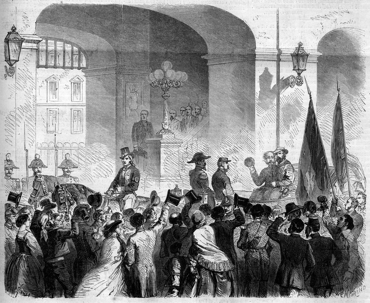 Risorgimento, Nápoles, 7 de Novembro de 1860: entrada de Victor Emmanuel II (Victor-Emmanuel) (Vittorio Emanuele) (1820-1878), Rei da Itália, no Palácio Real de Nápoles, após o voto da população que aceitou a adesão de Nápoles ao Reino de Itália de French School