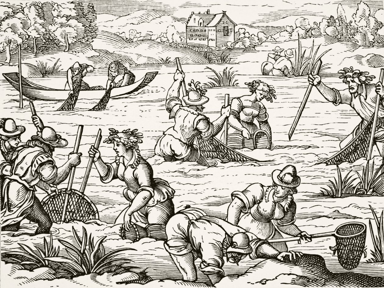 A pesca no rio, de "Ciência e Literatura na Idade Média", de Paul Lacroix (1806-84), publicou Londres 1878 (lito) de French School
