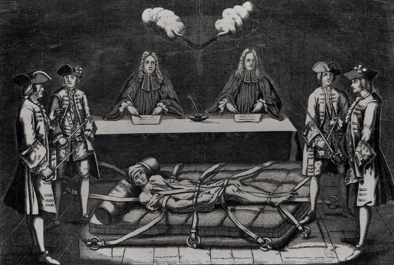 Robert François Damiens (1715-57) perante os juízes no Chatelet, Paris, 2 de março de 1757 de French School