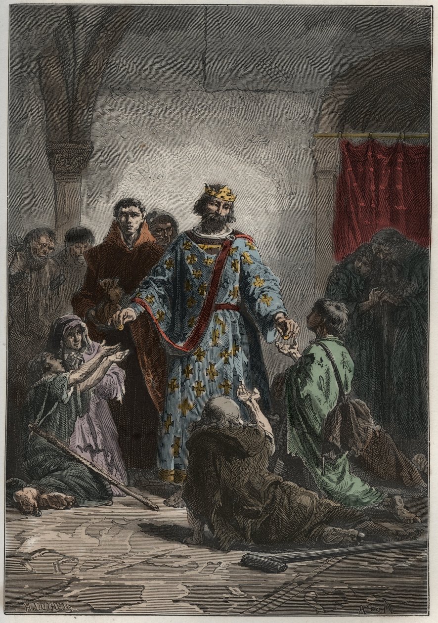 Robert II, o Pio (972-1031), rei capetiano da França em 996-1031, teve um carinho pelos fracos e pobres - gravura de "L