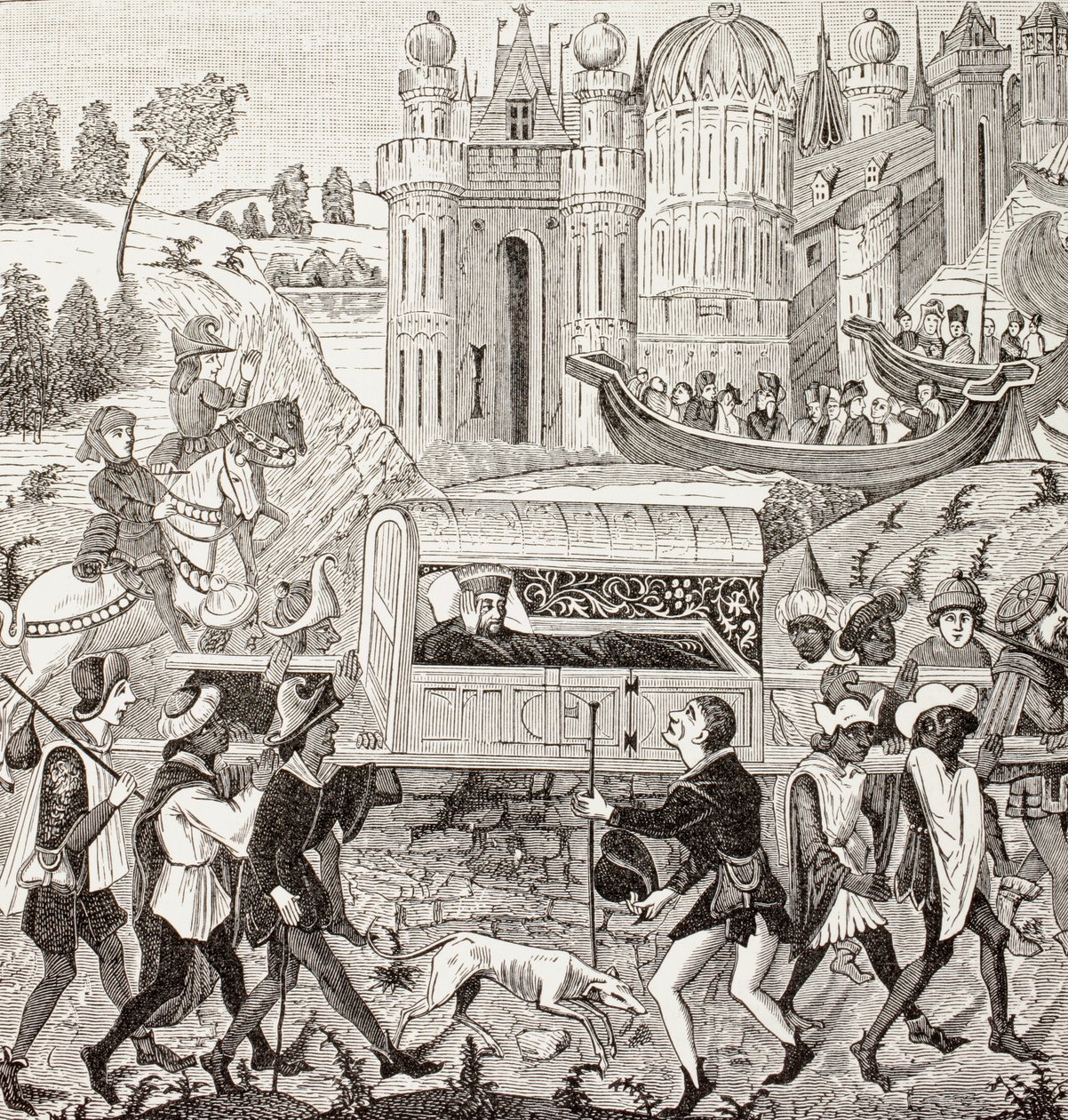 Robert I, Duque da Normandia, é levado na sua ninhada por negros, de "Military and Religious Life in the Middle Ages" de Paul Lacroix, publicado em Londres c.1880 (litho) de French School