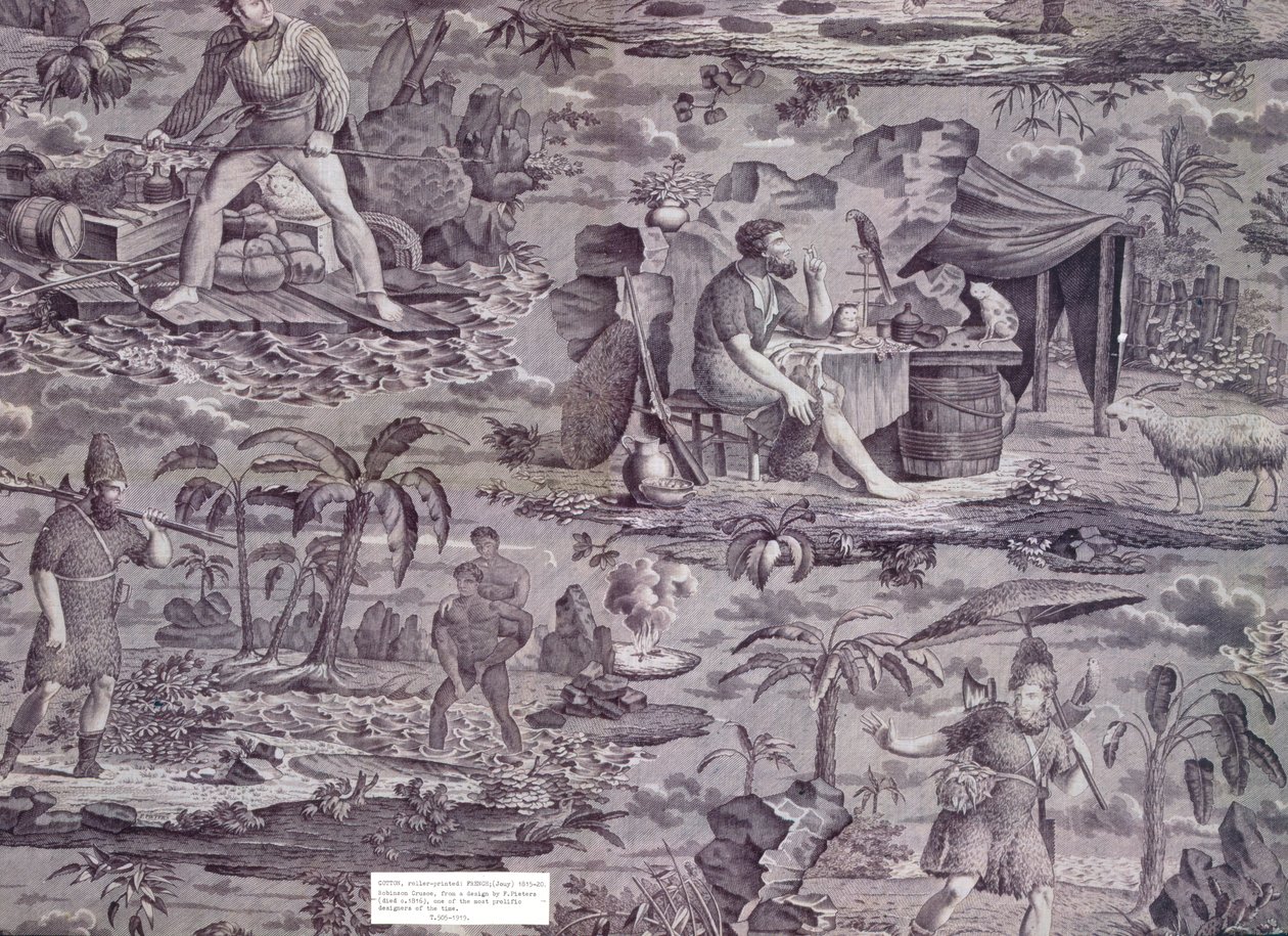 Robinson Crusoe, de um desenho de F. Pieters, c.1815-20 (algodão estampado com rolos) de French School