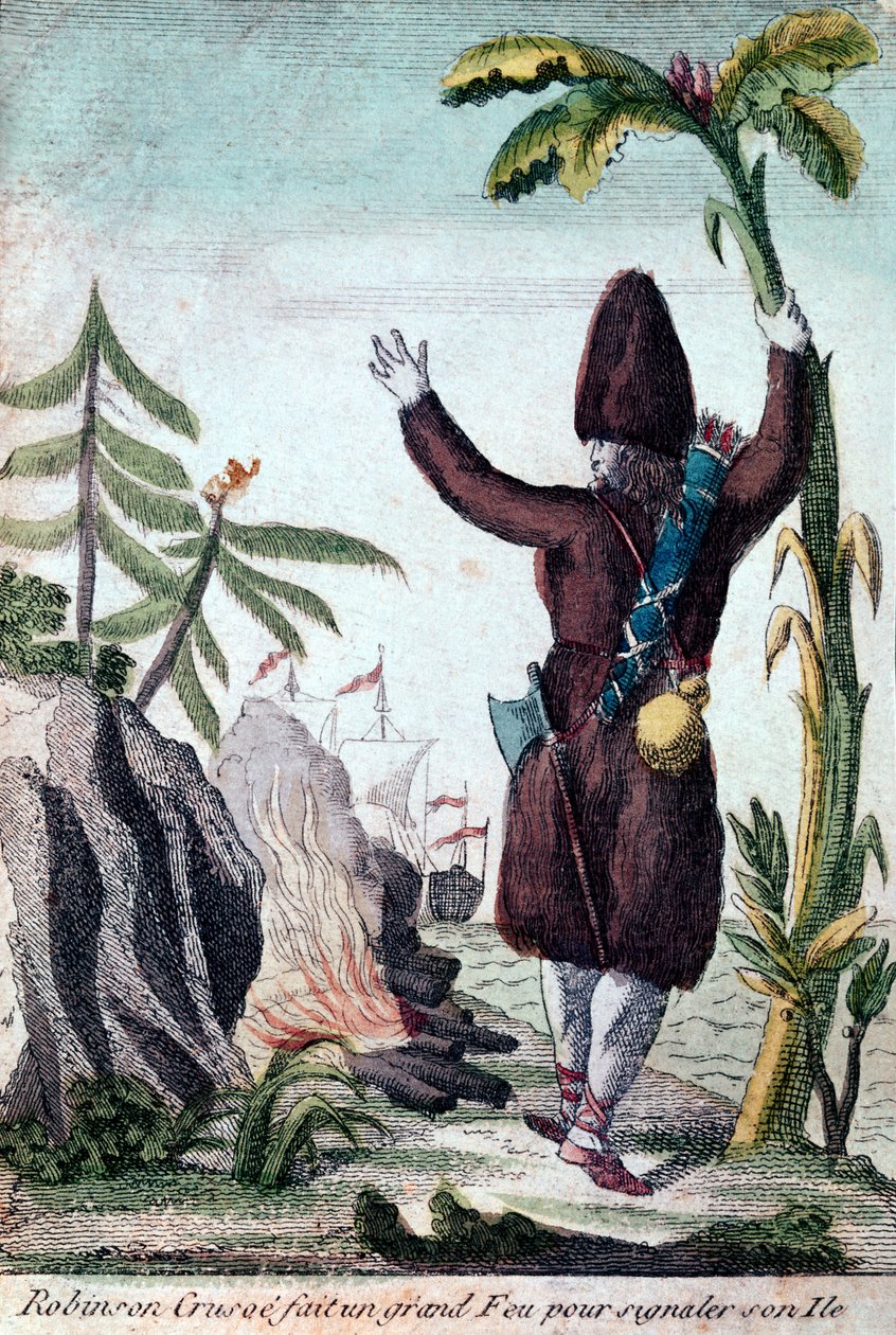 Robinson Crusoe faz um fogo para chamar a atenção para sua ilha, Imagerie Basset (gravura colorida) de French School