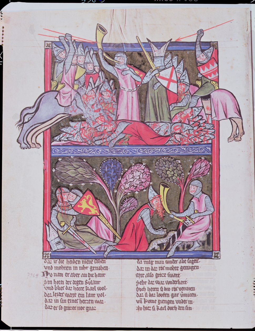 Roland toca a buzina em Roncevaux, ilustração de Le Chanson de Roland, cópia de um manuscrito original conservado em Saint-Gall na Suíça de French School
