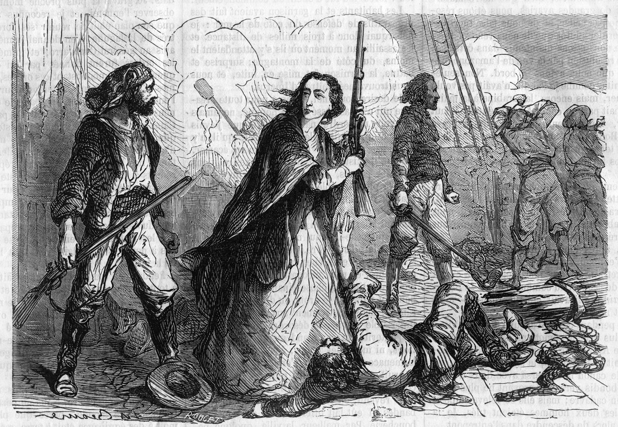 Série romana: "Memoriais de Joseph Garibaldi" de Alexandre Dumas (1802-1870). Anita Garibaldi (1821-1849), esposa de Giuseppe Garibaldi, que participa da batalha, com um rifle na mão. Gravação em "Les bons romances". de French School