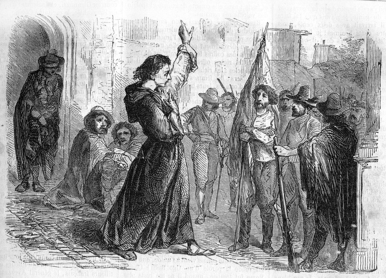 Série romana: "Memoriais de Joseph Garibaldi" de Alexandre Dumas (1802-1870). Ugo Bassi (1800-1849), que abriga a multidão para encorajar a população a participar do Risorgimento em 1848. Gravação em "Les bons romances". de French School