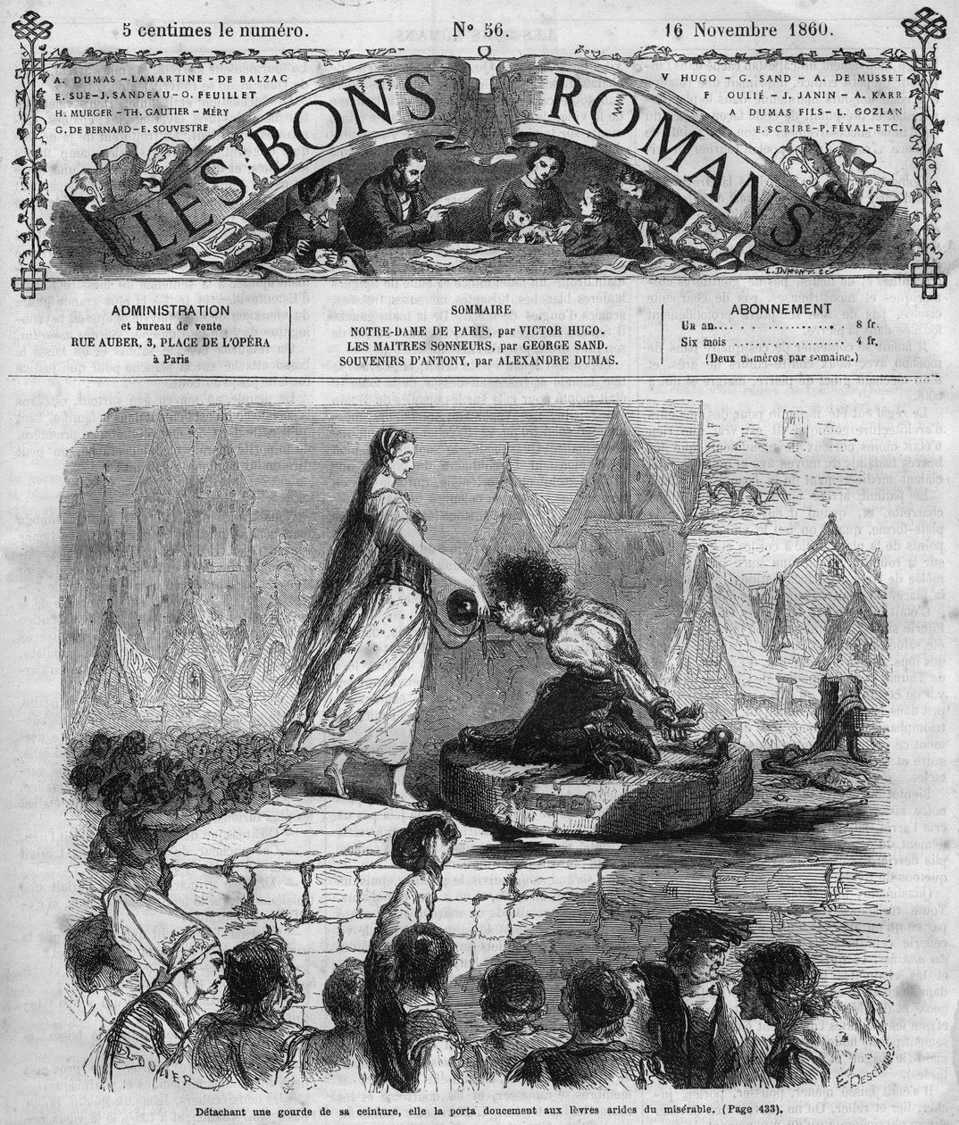 Série romana: "Notre Dame de Paris" de Victor Hugo (1802-1885). Quasimodo e Esmeralda. Gravação em "Les bons romances". de French School