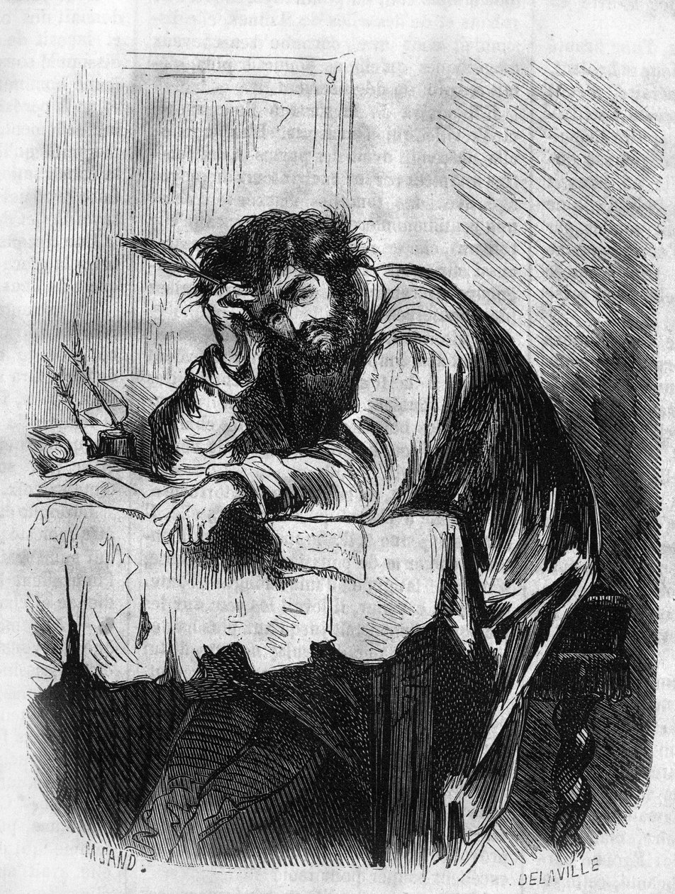 Novela romana: "Horace" de George Sand (Aurore Dupin, Baronne Dudevant) (1804-1876). "Horace estava envolvido em ensaios literários." Gravação em "Les bons romances". de French School