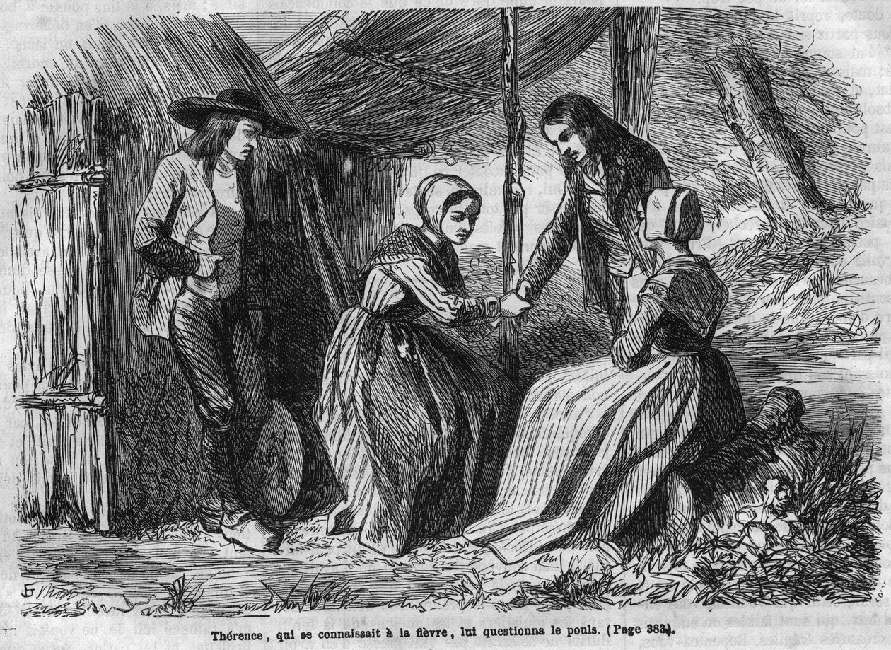 Novela romana: "The Master Ringers" de George Sand (Aurore Dupin, Baronesa Dudevant) (1804-1876). Therence leva a galinha. Gravação em "Les bons romances". de French School
