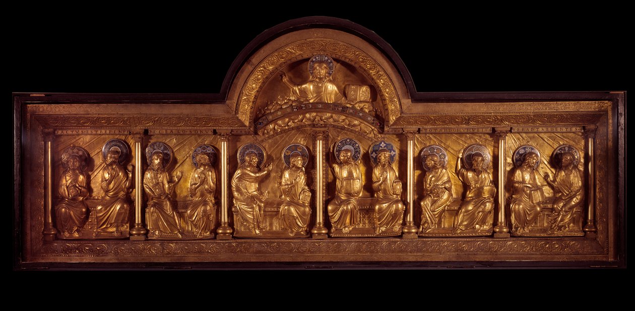 Arte românica: retábulo de Pentecote: antependium em madeira, cobre e esmalte. De Stavelot (Meuse) Por volta de 1160-1170. Paris, Museu Nacional da Idade Média, Termas de Cluny de French School