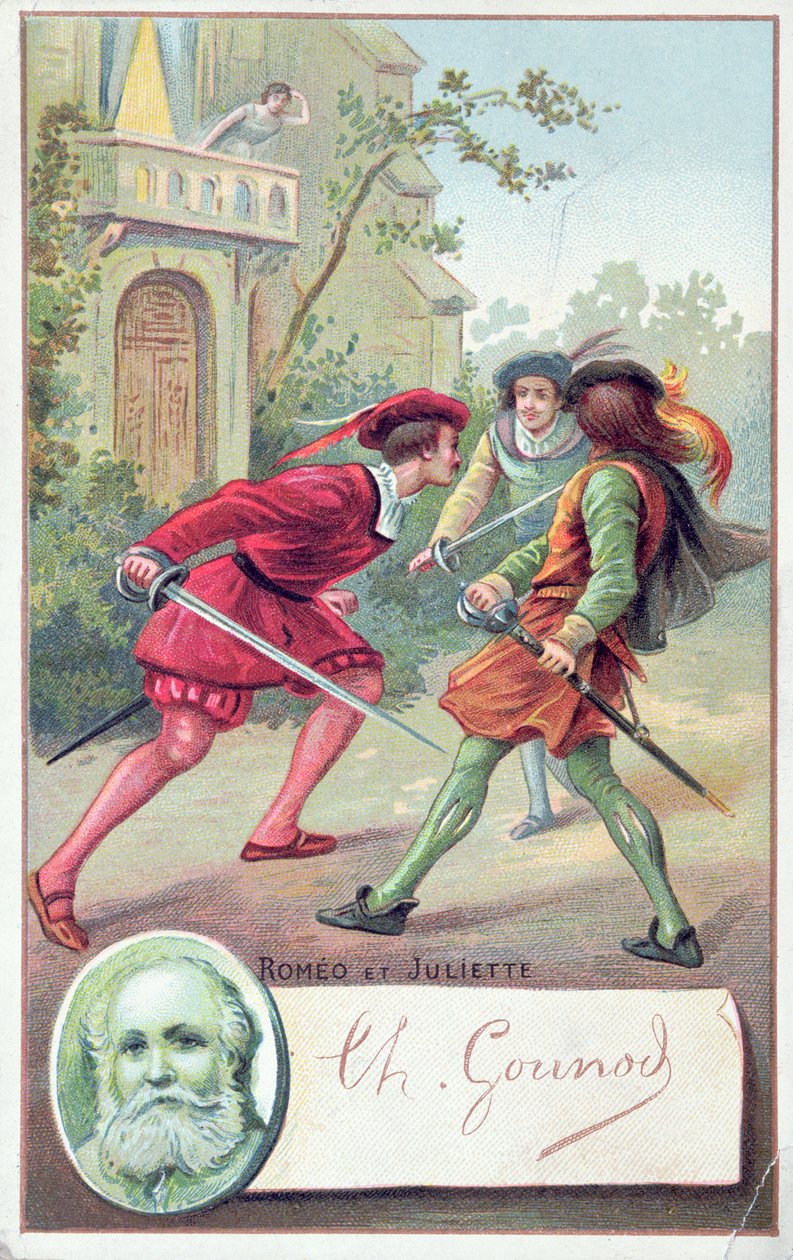 Romeo lutando contra Tybalt na ópera de Gounods Romeu e Julieta adaptado da peça de William Shakespeare (1564-1616) de French School
