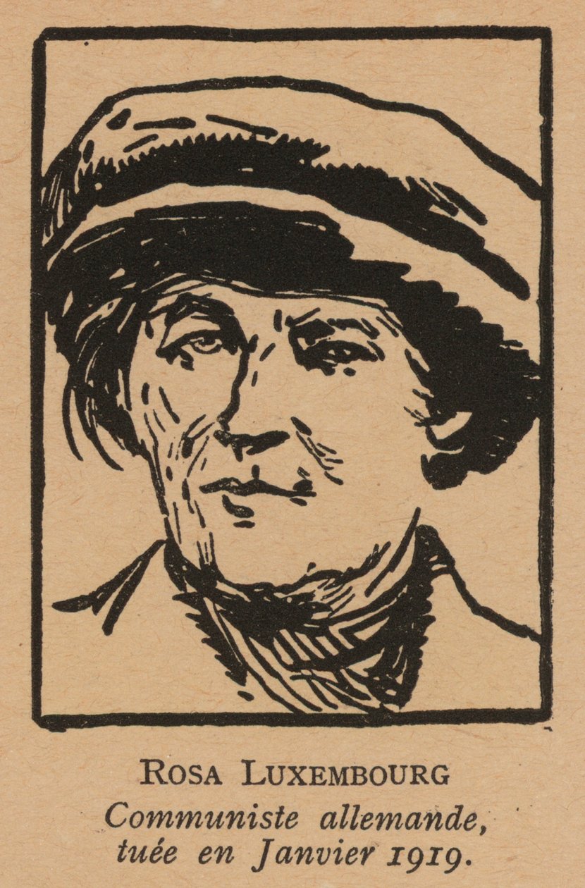 Rosa Luxemburgo, revolucionária comunista alemã assassinada pelo Freikorps após a Revolta Espartaquista de janeiro de 1919 (litografia) de French School