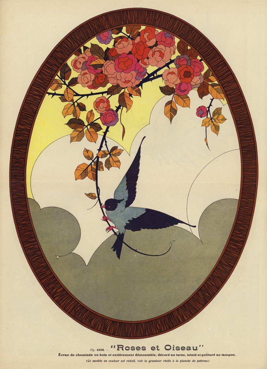 Rosas e pássaros (litografia a cores) de French School