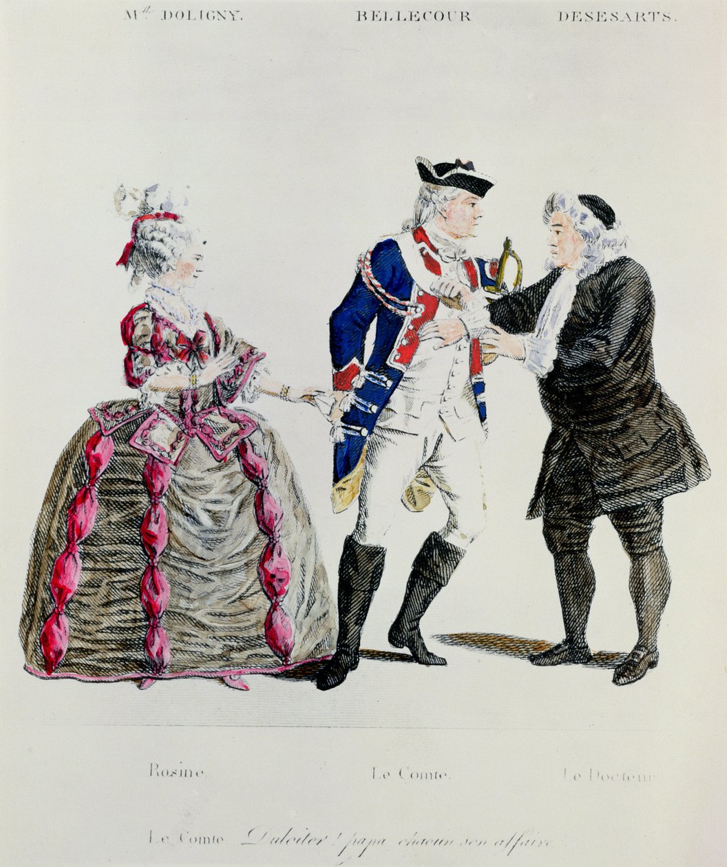 Rosine, Conde Almaviva e o Doutor, cena do Ato II cena 13 de O Barbeiro de Sevilha por Pierre Augustin Caron de Beamarchais (1732-99) de French School