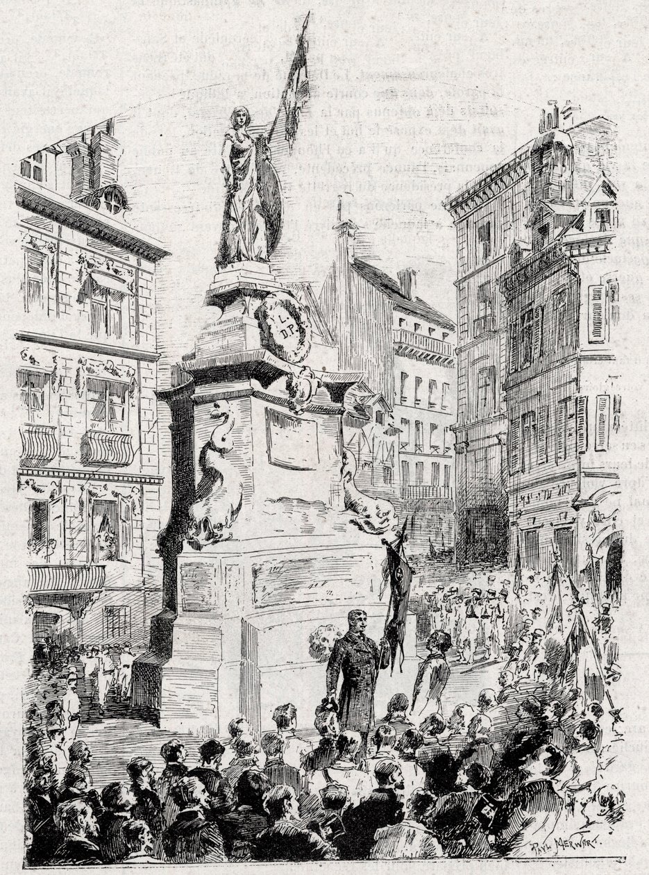 Rouen: membros da Liga dos Patriotas em frente à estátua de Joana d