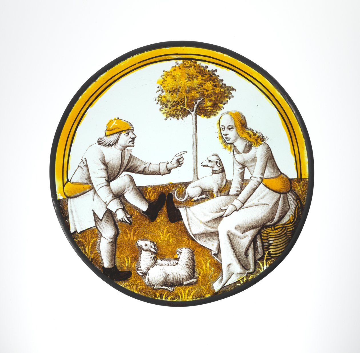 Roundel com Casal Brincando em Quintain, c.1500 (vidro, tinta vítrea e mancha de prata) de French School