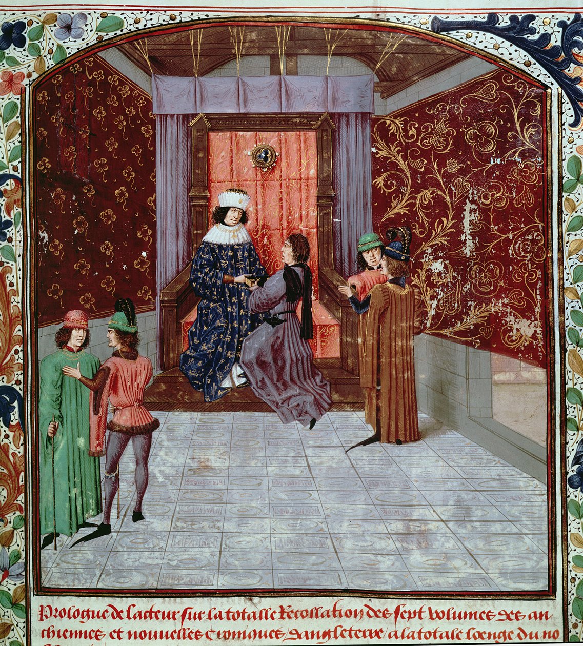 Roy 15 E IV f.14 Eduardo IV recebendo o livro do autor, de Old Chronicles of England, de Jean Batard de Wavrin, c.1470-80 (velino) de French School