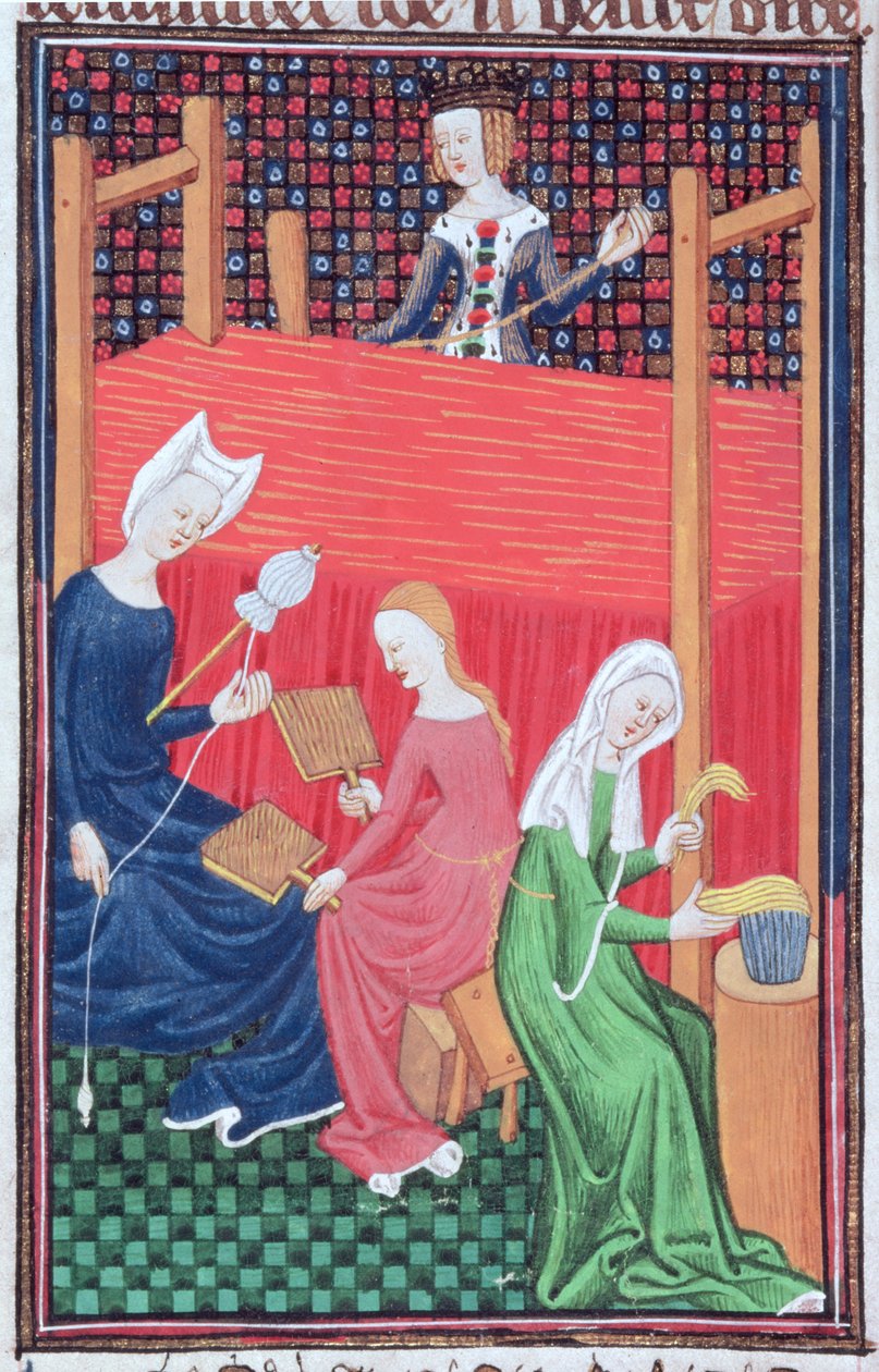 Roy 16 G V f.56 Gaia Caecilia ou Tanaquil, com tear e mulheres a girar, de `De Claris Mulierbus