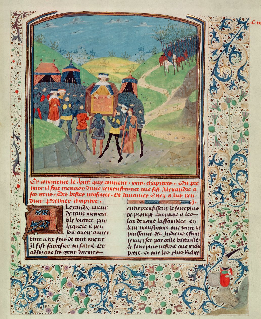 Roy 17 FI f.198 Alexandre, o Grande, dirigindo-se a seus homens na esperança de persuadi-los a continuar na Índia, de Quinte Curse Ruffe des Fais du Grant Alexandre, c.1468 (velino) de French School