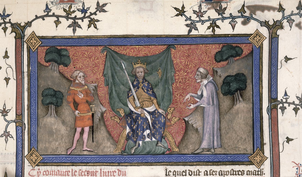 Roy 19 C IV f.154 Rei Carlos V (1337-80) da França entronizado com coroa, espada e cetro entre um cavaleiro e um escrivão de French School